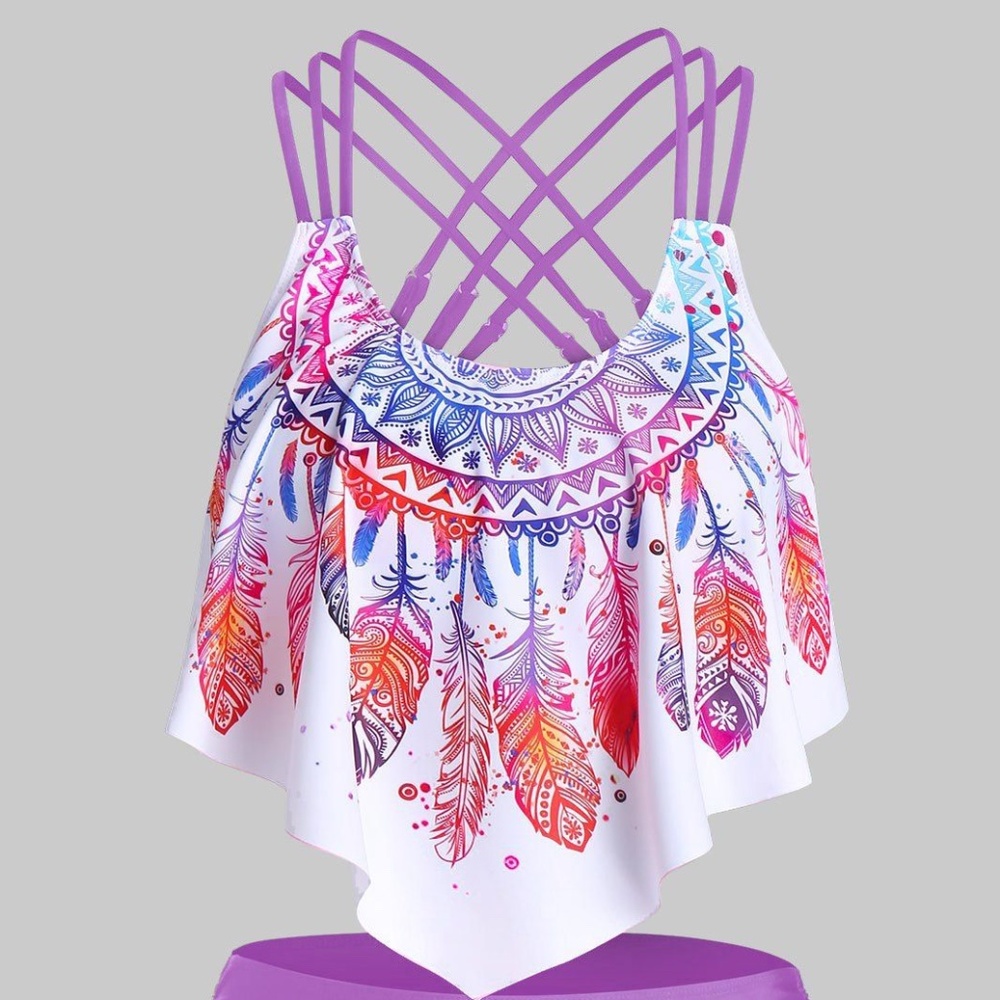 Feather print scrappy cinched tankini